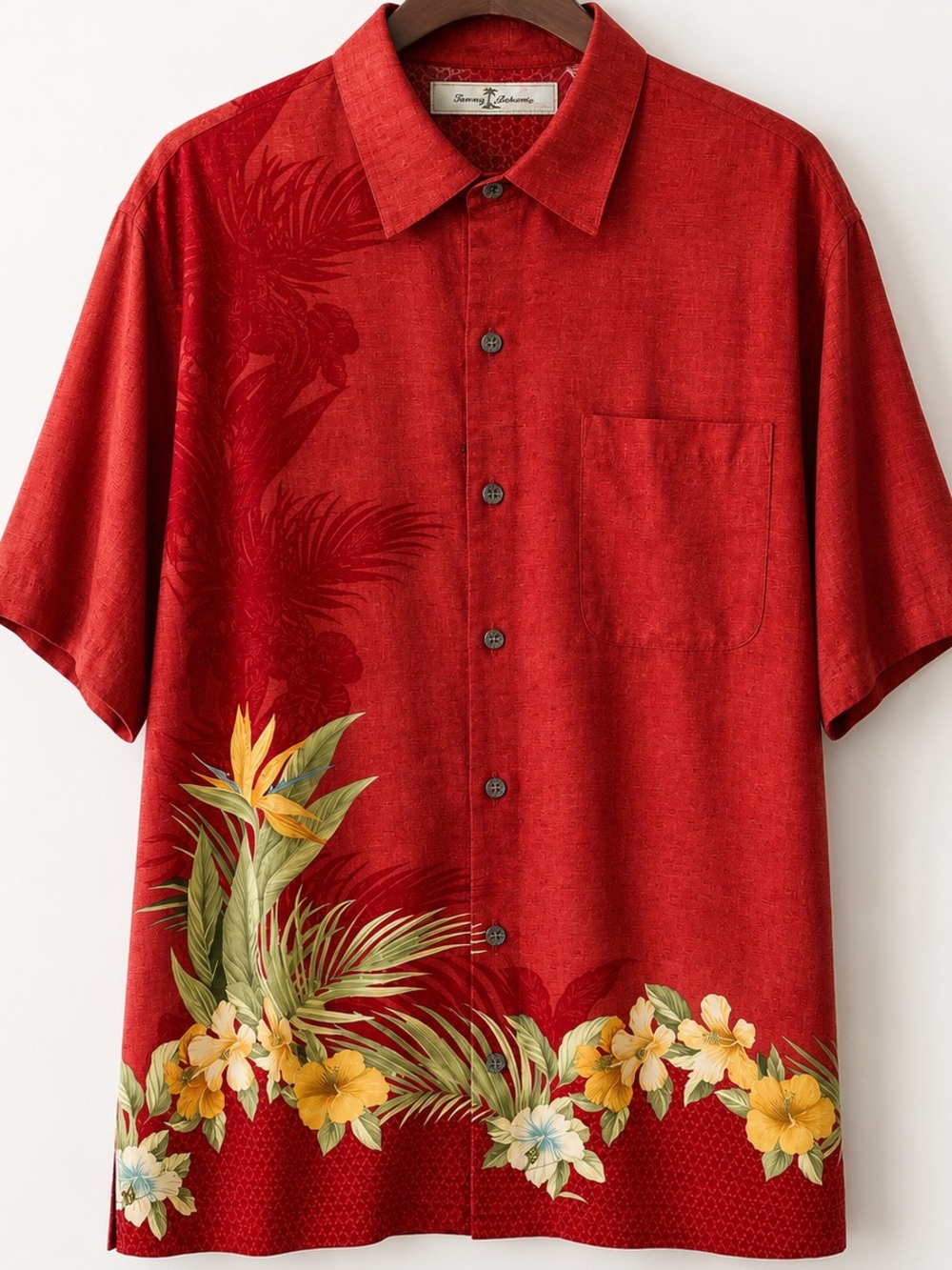 Tommy Bahama Yes Siam Camp Silk Hawaiian Shirt Red Floral Border Mens S NWT
